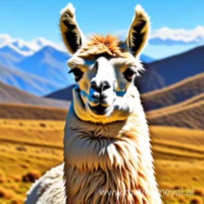 A close-up of a llama standing in a mountainous landscape, with a golden-brown and white coat, set against a backdrop of rolling hills and snow-capped peaks.